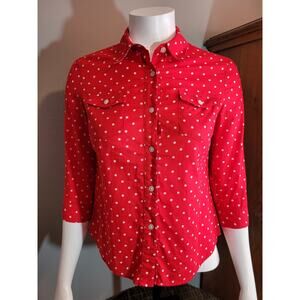 JONES NY Womens Red & white Polka Dot Shirt Petite Small PS Cotton Collared